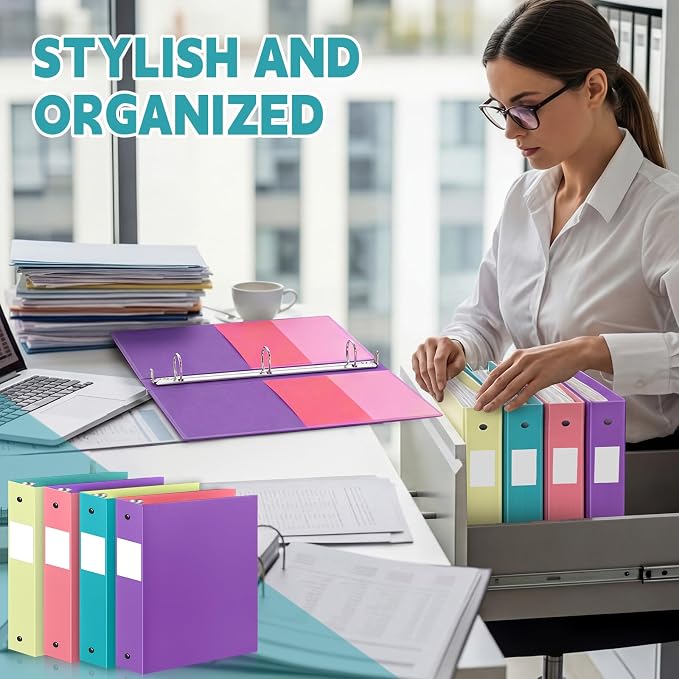 Henoyso 4 Pack Two-Tone Durable 3 Ring Binders 2 Inch, 4 Inner Pockets, Colored Plastic Flexible Binders with Large Capacity for School & Office