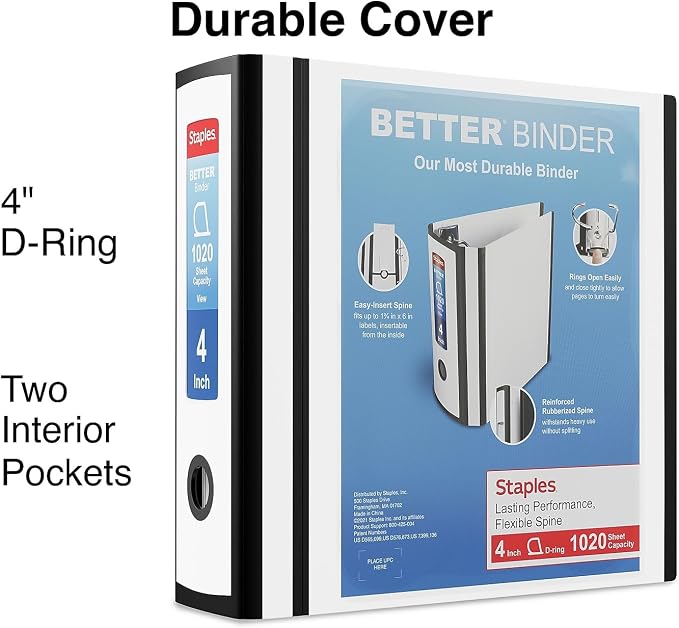 Staples Better 4-Inch 3-Ring View Binder, White, Reinforced Spine | High-capacity durable binder for school and everyday office storage.