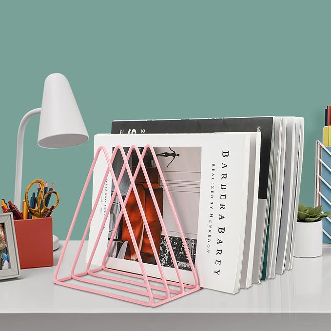 Vinyl Record Holder Storage, 9 Slot Metal Magazine Book Album Display Rack, Stylish Triangle Desktop File Sorter Organizer for Home Office, Pink