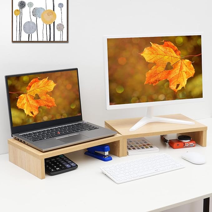 TEAMIX Wood Monitor Stand Riser - 2 Pack Adjustable Dual Monitor Riser for Laptop/PC