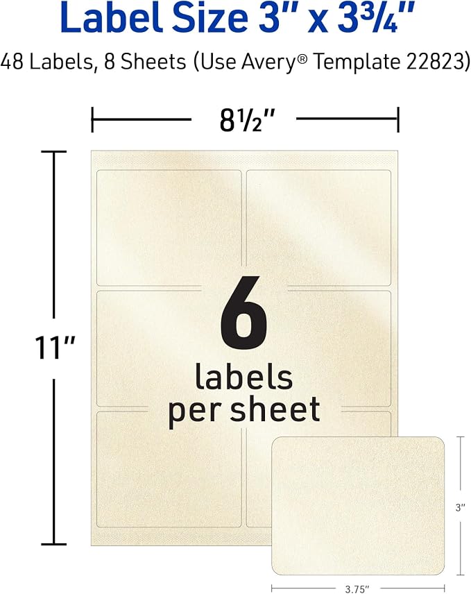 Avery® Printable Rectangle Labels, 3" x 3.75", Pearlized Ivory, Laser & Inkjet Compatible, 48 Customizable Label Stickers, Great for Product Branding, Favors, Thank You Stickers, and More (22823)