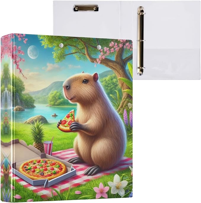 Capybara Pizza 3 Ring Binder Letter Size Three Ring Binder Organizer 1.5 Inch Binders 3 Ring with Clipboard & 3 Pockets for Recipes Paper Work Office Supplies 1 Pack