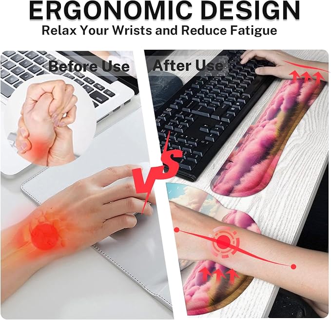 Keyboard Mouse Pad Set, 4 in 1 Desk Mat Set, Pink Clouds | Plants Dreamy Large Mousepad+Keyboard Wrist Rest+Mouse Wrist Rest+Coaster Ergonomic Design for Home Office Computer