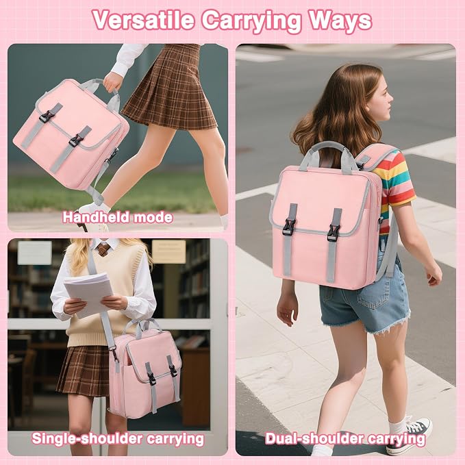 MoKo Zipper Binder Bag, 2-Inch 3-Ring, 500 Sheets, Pink | 6L water-resistant bag fits a 13-inch tablet and 14-inch laptop, with backpack, shoulder and hand carry options.