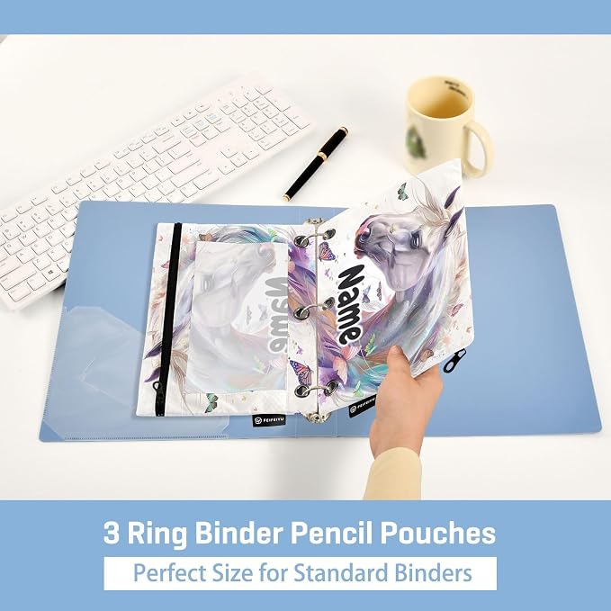 Custom White Horse Butterflies Pencil Pouch for 3 Ring Binder, 2 Pack Personalized Name Waterproof Pencil Bags Clear Window Pencil Case School Office Supplies