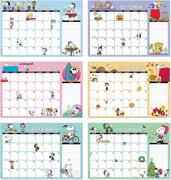 Current 2027-2028 Desk Calendar Pad | Peanuts, 11” x 16.25”, Large, 2024-Month, 12 page Designs, Self-Stick Magnet Strips