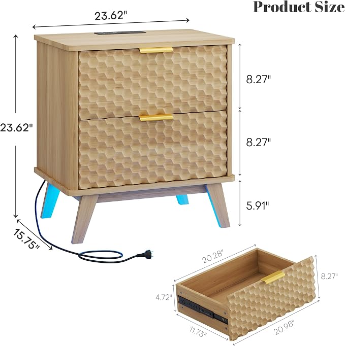 Smart Nightstand with Charging Station and LED Lights, Natural Oak | 23.62" Wide Night Stand with 2 Drawers, Motion Sensor Motion-Activated Underlight, Honeycomb Bedside Table for Bedroom