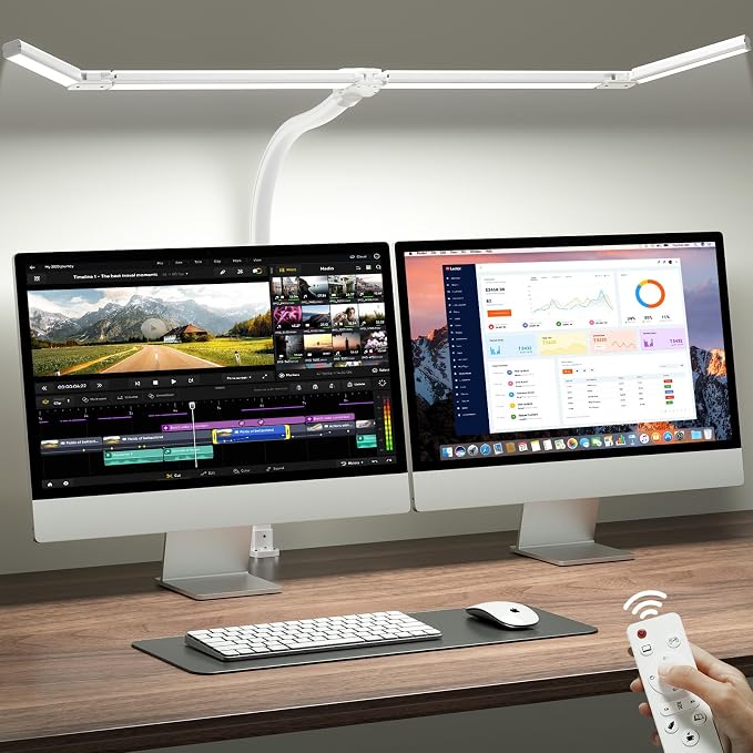 ONEMIX LED Desk Lamp with Clamp, 42-Inch 4-Panel Light for Dual Monitors | 1800 Lumens, 4 Adjustable Panels, 5 Color Temps, 5 Brightness Levels, Remote, Timer, Flicker-Free for Home Office