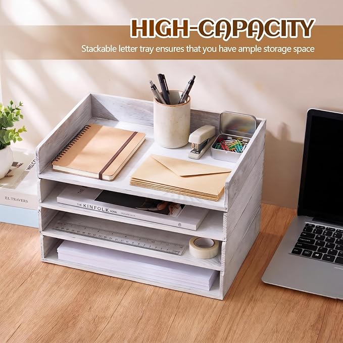 Yeaqee 4 Pcs Stackable Paper Organizer Tray Wood Desk Organizer Letter Tray Paper Holder Desktop Letter Size Office Wooden Desk Shelf Folder Organization Rack for Mail File Document (Vintage White)