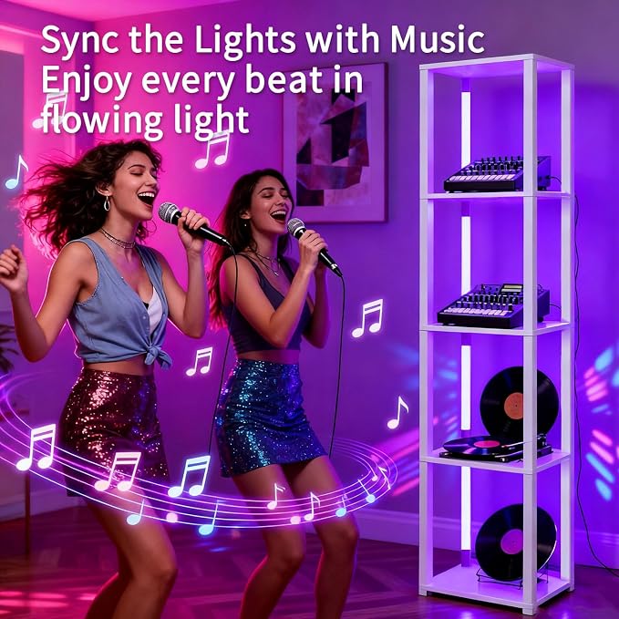 RGBCW Floor Lamp with Shelves, LED Smart Modern Floor Lamp with Music Sync, Color Changing Corner Display Shelf Lamp, Standing Lamp with Shelves for Living Room and Bedroom, Office, White