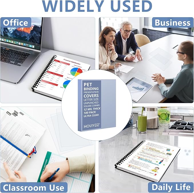 HOUYEE 100 Pack 12 Mil Ultra Clear Binding Presentation Covers,8.5" x 11" | Clear Covers for Binding, Transparent Plastic Binding Covers, Letter Size, PET, Un-Punched, for Office School