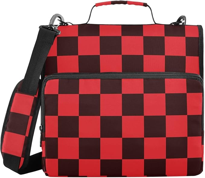 Black Red Checkered Pattern 3 Ring Binder Bag 1.5 inch Binder Organizer with Zipper Shoulder Strap 500 Sheet Documents Storage for School Office
