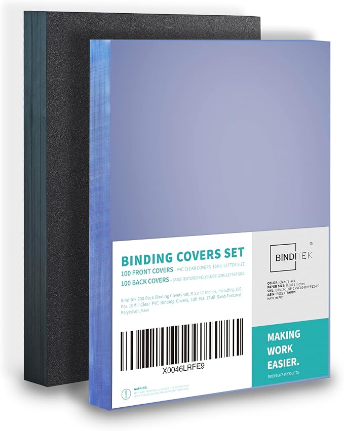 Binditek 200 Pack Binding Covers Set, 8.5x11 Inches, 10Mil PVC & 12Mil Poly | Binding Covers and Backs Set, Letter Size, 10 Mil Clear PVC Binding Cover, 12Mil Black Poly Cover, Square Corners, Unpunched