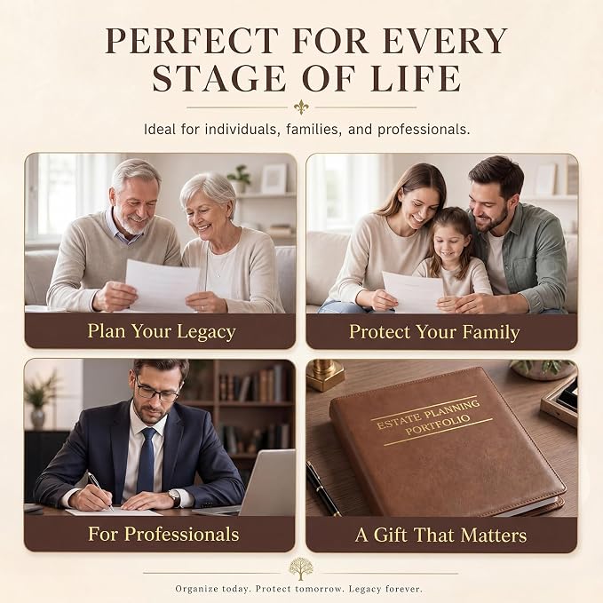 Dunzoom 4 Pcs Estate Planning Portfolio Binder PU Leather 3 Ring Binders with Gold Title and Index Tab Dividers, 11'' x 11.8'' x 2.4'' Estate Planning Organizer (Brown)