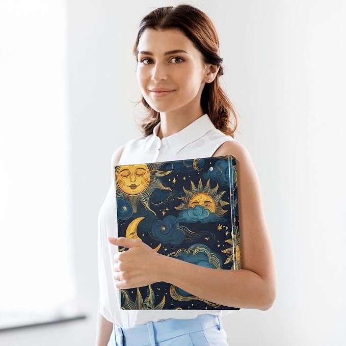 Moon Sun Galaxy Astrology 3 Ring Binder with 2 Interior Pockets 1.5 inch Binders 3 Ring Heavy Duty Fit 8.5" x 11" Letter Size for Office School, 2 Pack