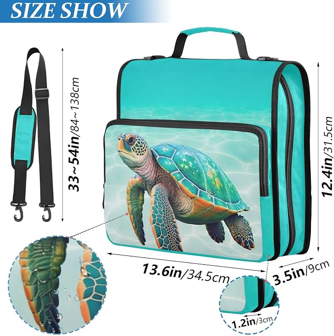Sea Turtle Teal 3 Ring Binder Bag 1.5 inch Binder Organizer with Zipper Shoulder Strap 500 Sheet Documents Storage for School Office