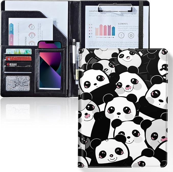 Padfolio/Portfolio Folder Clipboard,Padfolio Clipboard,Writing Portfolio Leather with Cover for Card Holder Slot Letter Size A4 for Office Conference Notepad Clip Boards,Lovely Panda