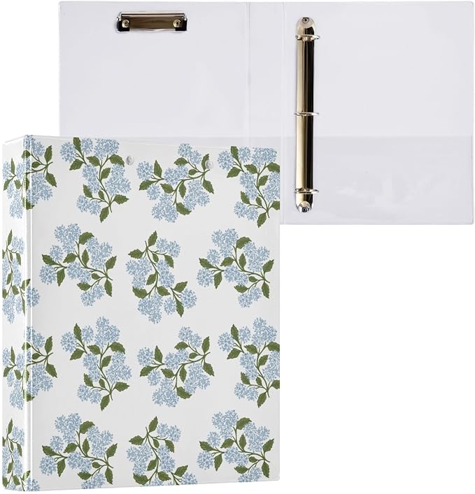 3 Ring Binder 1.5 Inch Blue Blooming Hydrangea Floral Clipboards Binders with Interior Pockets Round Ring Binder for Office Supplies and School 1 Pack