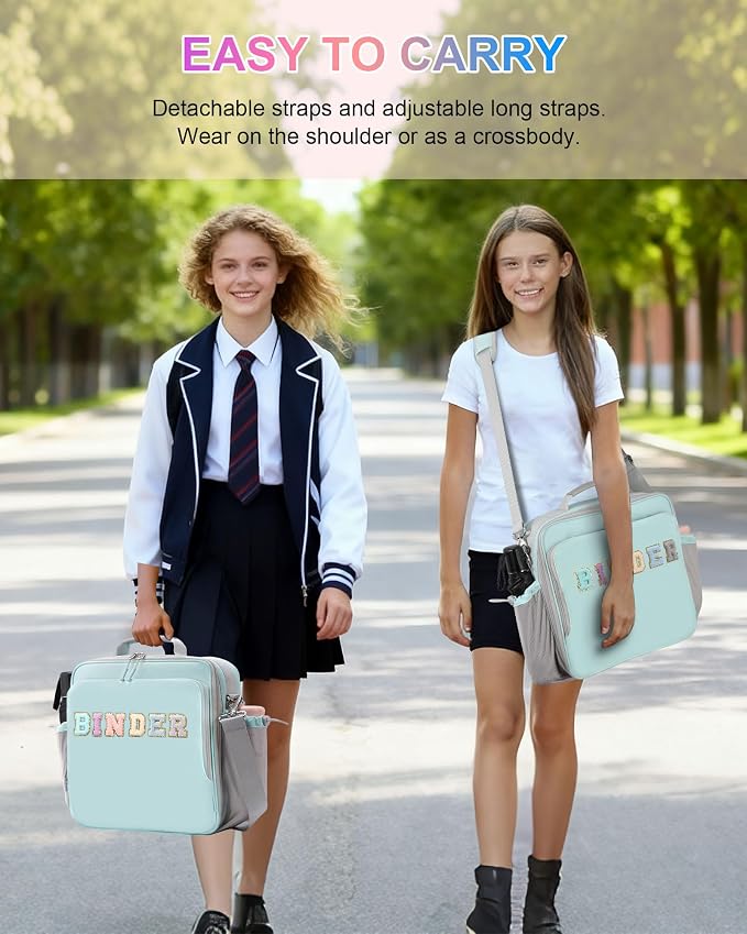 3 Ring Zipper Binder 3 Inch D Rings with Double Water Bottle Holder | Cute Initial Water-Resistant Zip Up Binder for School Office, 700-Sheet Capacity & Shoulder Strap & Laptop Pocket,Light Blue