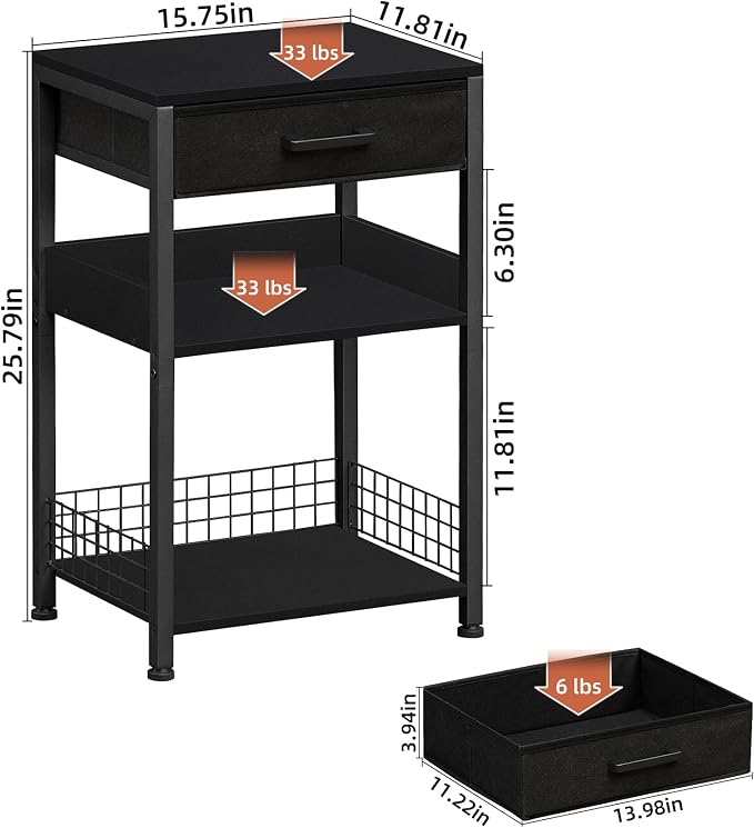 Lerliuo 3-Tier Printer Stand with Fabric Drawer and Shelves, Pure Black | Three-tier printer stand with fabric drawer and two shelves for paper, office supplies, scanners and fax machines