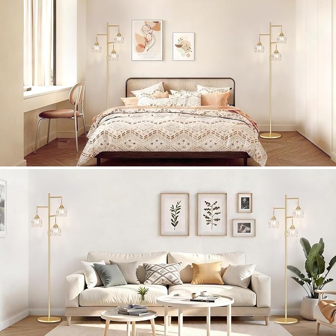 Shenmoyl Stepless Dimming Floor Lamps for Living Room, Bedroom, Gold Standing Lamp with 3pcs 6W Bulbs, Vintage Brass Floor Lamp for Corner, Nursery (Clear Tulip)