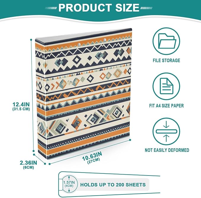 Aztec Navajo Hard Cover Ring Binder 1.5 Inch 3 Ring, Printed Ring Binder with Metal Non-Slip Clip Clear Pocket Water Resistant Round Ring Binders for Recipe Budget Office
