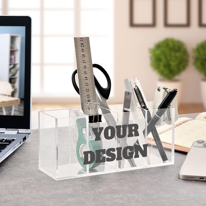 Custom Design Acrylic Pencil Pen Holder Desk Accessories Holder Custom Cosmetic Brush Organizer Modern Design Desktop Stationery Organizer for Office School and Home 7.87 x 2.48 x 3.54 In