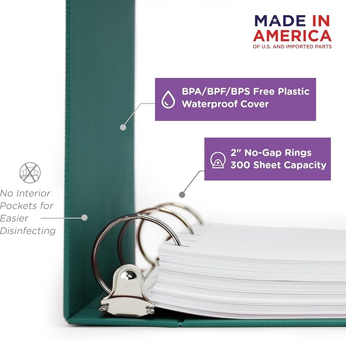 Carstens 2-Inch Heavy Duty 3-Ring Binder - Side Opening, Teal, Durable Plastic, Precision No-Gap Rings, Waterproof Covers, No Pockets, Holds 300 Letter-Sized Sheets, BPA-Free, Made in USA (5822-3R)