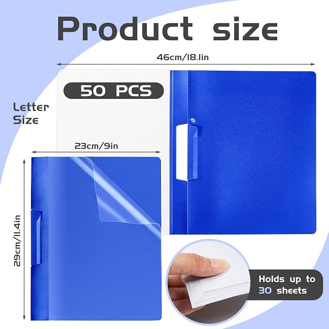 Maitys 50 Pack Durable Clear Report Covers with Clip 11 x 9 Inch Resume Portfolio Folder Letter Size Presentation Folder Transparent Front Report Blinder Interview School Business Student (Blue)
