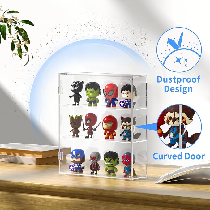 AITEE 3 Tiers Acrylic Display Case for Mini Funko Pop on Wall or Desktop | 11.8"Lx3.4"Wx13.3"H, dustproof, 3 tiers, wall mounted or desktop, showcases mini figures toys stones rocks Amiibo