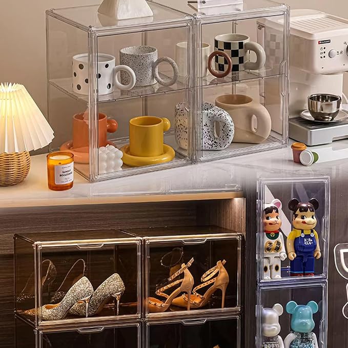 BOHOIDEE 4 Tiers Clear Acrylic Display Case for Closet, Purse Storage Organizers Box, Plastic Storage Bins with 3 Adjustable Divider and Magnetic Door