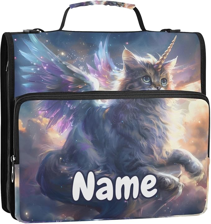 Custom Unicorn Cat with Wings 3 Ring Binder Bag 1.5 inch Personalized Name Binder Organizer 500 Sheet Documents Storage for School Office