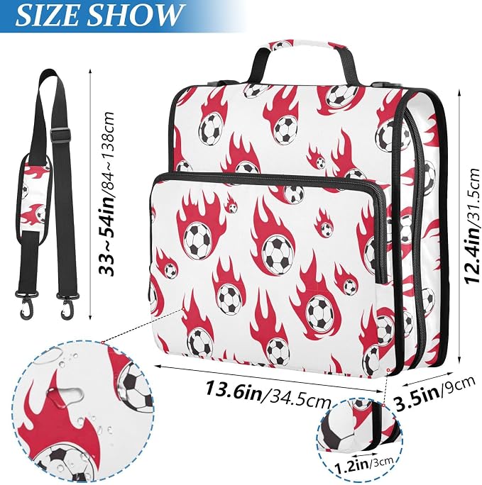 Aslsiy Zipper Binder Bag for Girls Boys Soccer Balls Red Flame Kids 1.5 inch 3-Ring Binder Organizer with Shoulder Strap for School Office Supplies