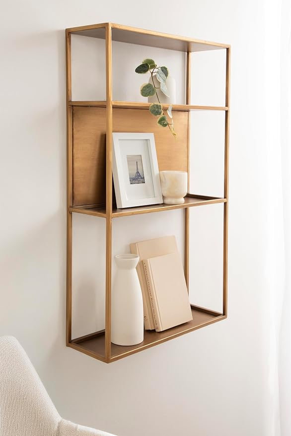 Kate and Laurel Nomi Modern Metal Bathroom Wall Shelf; 18 x 6 x 32; Gold; Contemporary Sleek Tiered Metal Shelves for Wall Decor; Display; and Over-the-Toilet Storage