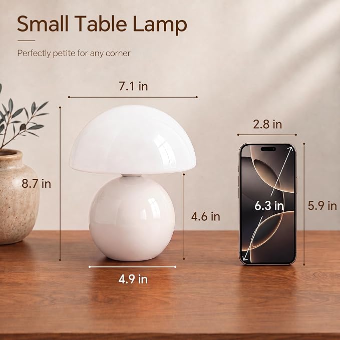 Mushroom Lamp Table Lamp for Bedroom-Small Desk Table Lamps,White | 8.7" Mid Century Modern Table Lamps for Living Room Bedroom Decor,Cute Ceramic Lamps for Mushroom Home Room Decor,Glass Shade