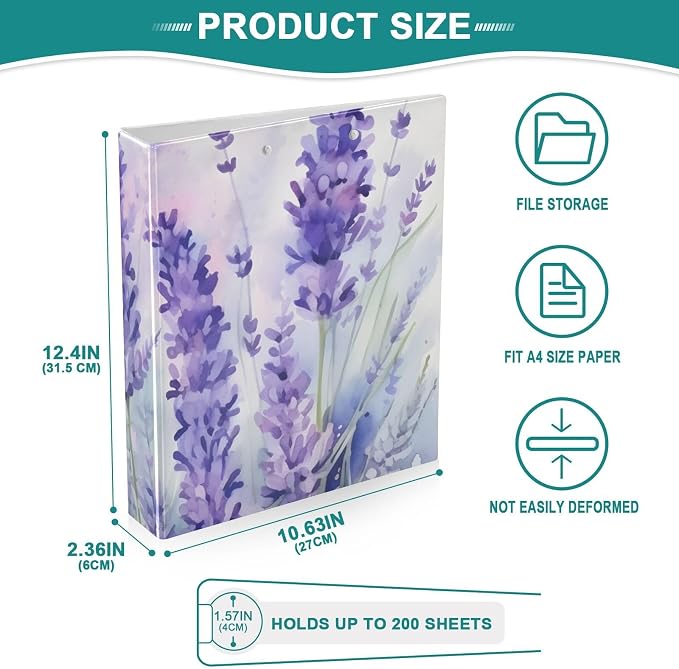 3 Ring Binder Purple Lavender Flower 1.5 inch Binders Three Ring Binders with Clipboard Fit 8.5'' x 11'' Paper 3 Interior PVC Clear Pockets for Office Supplies