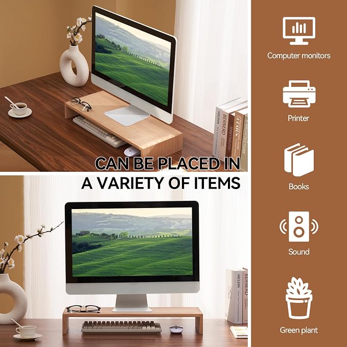 KIRIGEN Wood Monitor Stand Riser for Desk, 23.2 Inch, Natural 59-NA | Desktop Workspace Platforms Stand Fully Assembled for Monitors, Laptops, Small TVs, or Printers