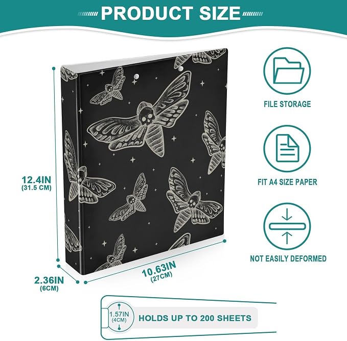 3 Ring Binder Gothic Skull Butterfly Moth 1.5 Inch Three Ring Binder
