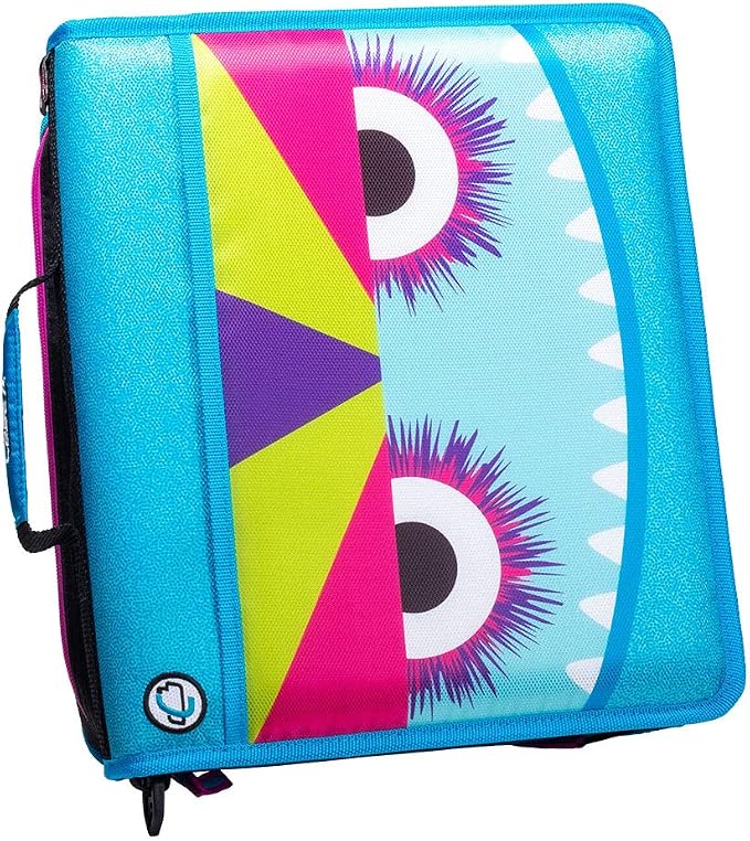 Case-it Z Shape Zipper Binder | Dual 1.5" D-Rings | 500-Sheet | Z-176-ME | Z Shape, Two Binders in One, Double-Sided, Multiple Pockets, Shoulder Strap, Monster Design, School & Office