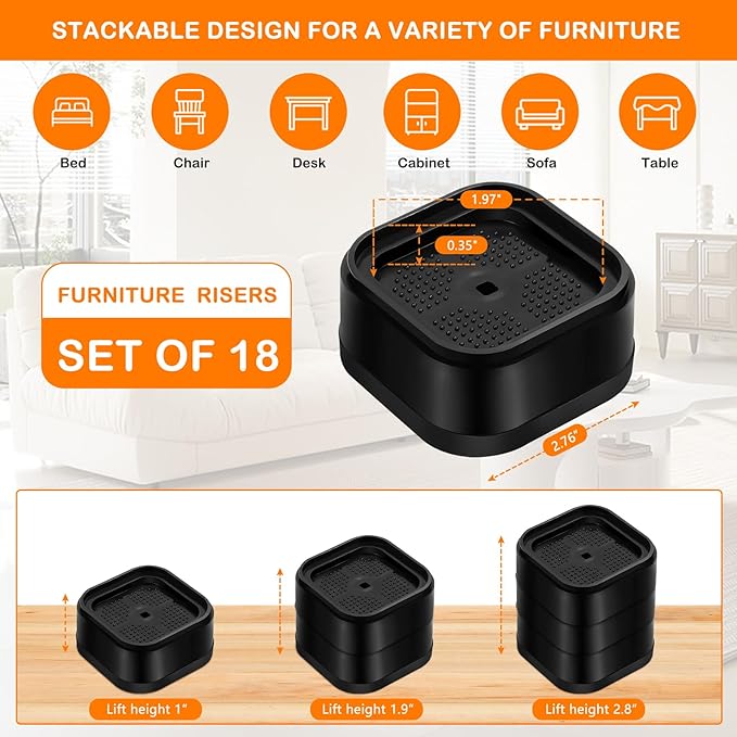 shouwuhho 18 Pack Furniture Risers Adjustable Bed Risers Heavy Duty Lifts Height 1", Square Stackable Bed Risers 1, 2 or 3 Inch for Desk Leg Table Couch Sofa Chair Bed Frame Legs Dorm, Black
