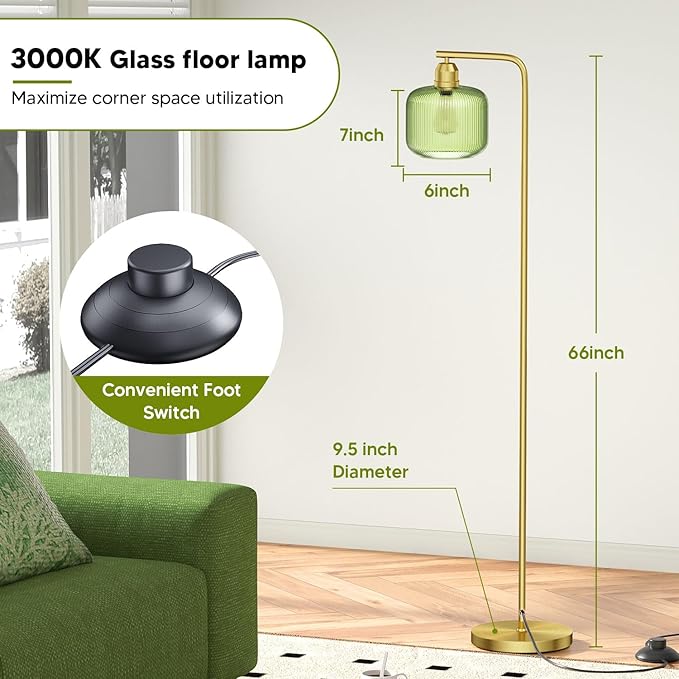 66" Gold Floor Lamp,Standing Lamp with Green Ribbed Glass for Living Room | Vintage Floor Lamp with Brushed Gold Finish,Pedal Switch and 3000K LED Bulb, Arc Floor Lamps for Bedroom & Study Room