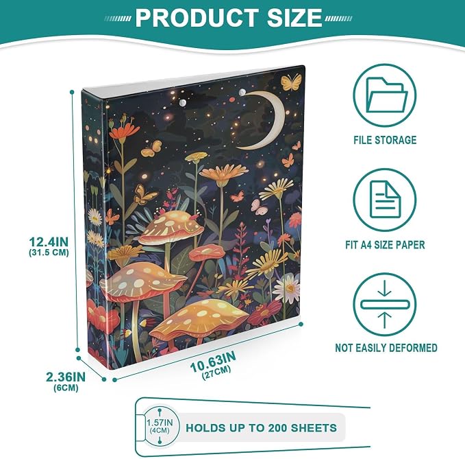3 Ring Binder Mushroom Butterfly Moon 1.5 Inch Three Ring Binder | Cute Binder with 3 Storage Pockets for Women School Office Supplies