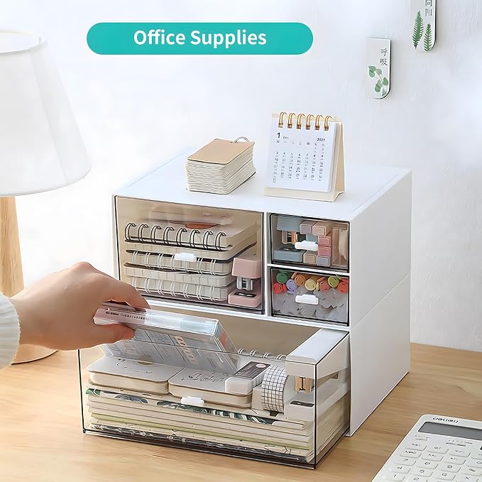 Stackable Storage Drawers, Office Desk Organizer with 4 Mix Drawers | White, Plastic Mini Desktop Storage Box, Tabletop Small Craft Drawer for Office Supplies, Makeup Desk Organizer and Accessory