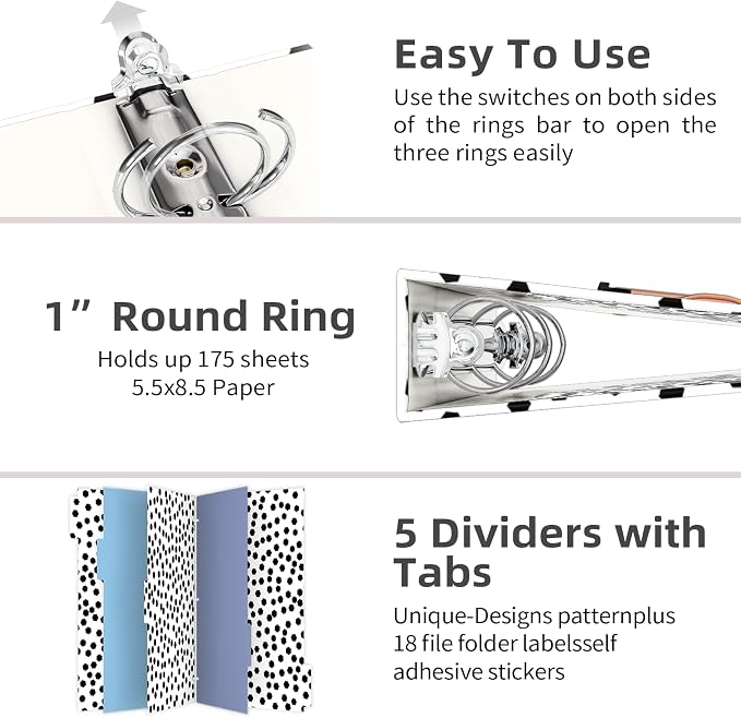 EYROZILL A5 Binder 1 Inch 3 Ring for 5.5" x 8.5" Paper with Clipboard and Pocket, Mini Binders for School Office Supplies and Home, Polka Dots