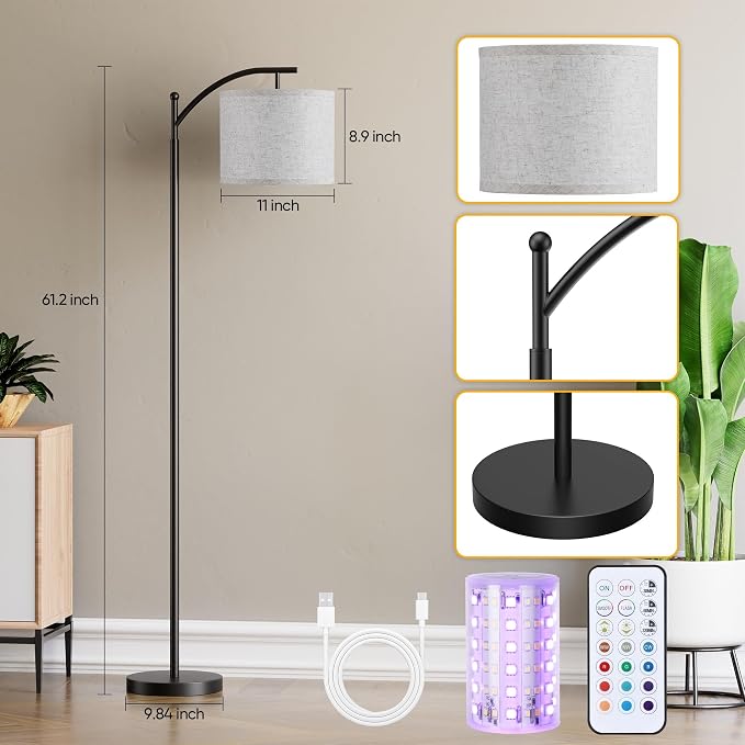 Battery Operated Floor Lamp, RGB Dimmable Cordless Standing Lamp with Remote Control for Living Room, Tall Floor Lamp for Bedroom -Black