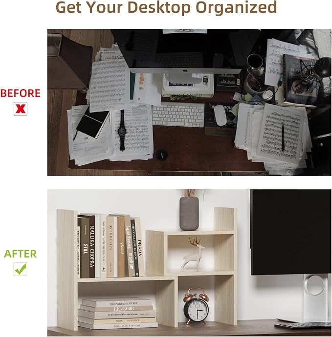 TY ARTS & CULTURE - Expandable Wood Desktop Storage Organizer Multipurpose Desk Bookshelf Display Shelf Rack Counter Top Bookcase for Office Home | Natural Beige | expandable desk bookshelf, multipurpose display shelf rack,countertop shelf, home office...