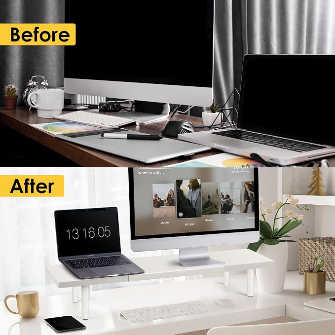 Across-Star Dual-Monitor-Stand-Riser-For-Desk Adjustable Length 32-40 Inch，Large Desktop Computer Monitor Riser For 2 Screens，Desk Shelf Organizer Riser Stand For Computer/Laptop/PC/Printer/TV Black