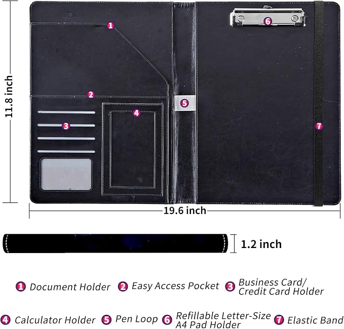 Padfolio/Portfolio Folder Clipboard,Padfolio Clipboard,Writing Portfolio Leather with Cover for Card Holder Slot Letter Size A4 for Office Conference Notepad Clip Boards,Purple Rose