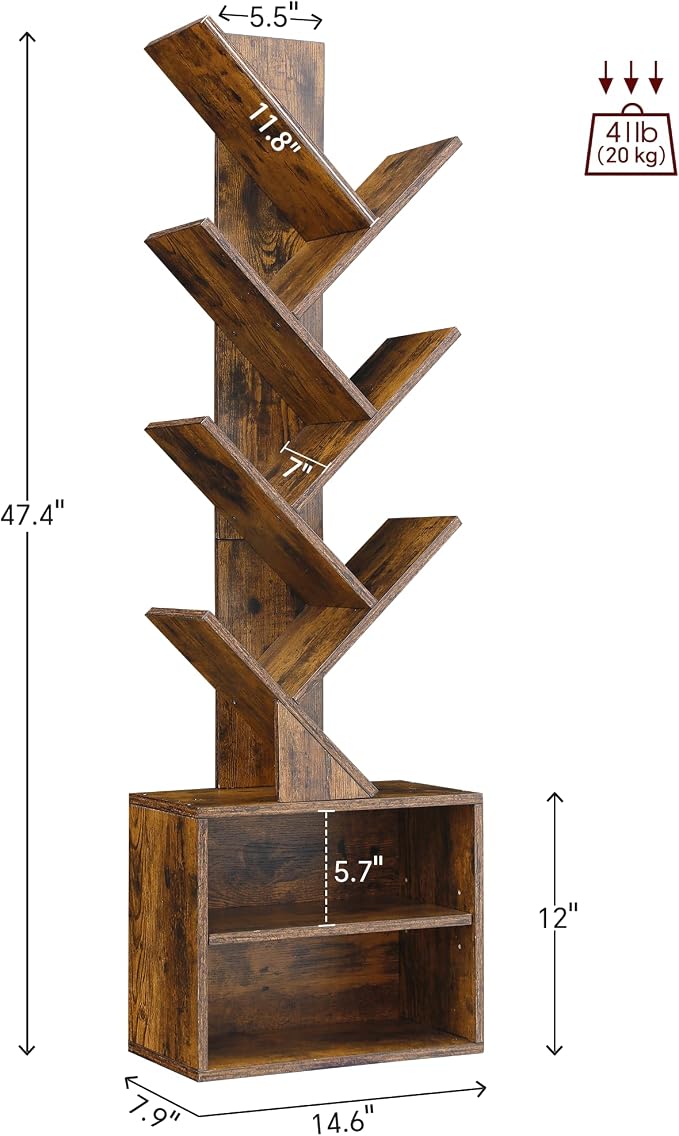 SUNMORY 6 Tier Tree Bookshelf, Tall Small Bookcase with Storage Cabinet | Modern Narrow Bookshelves Organizer, Floor Standing Book Case Shelf for Bedroom Living Room Home Office Corner, Rustic Brown