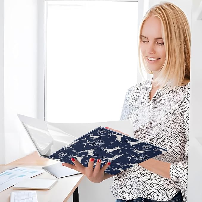 Rustic Winter Reindeer Snowflake Navy Blue 3 Ring Binder 1.5" Decorative D-Ring Binder with Clipboard&3 Clear Pockets, Holds 200 Sheets A4 Size Paper Waterproof Binders for School Home Office